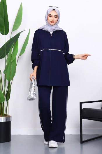 Lacivert Fermuarlı Sweat Pantolonlu Modal Takım