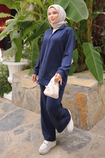 Lacivert File Detaylı Fermuarlı Tunik Pantolonlu Takım