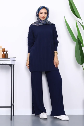 Lacivert Fitilli Yumoş Tunik Pantolonlu Takım