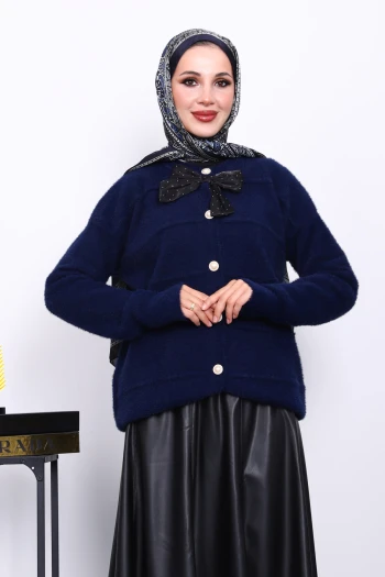 Lacivert Fiyonk Detaylı Angora Yumoş Triko Hırka