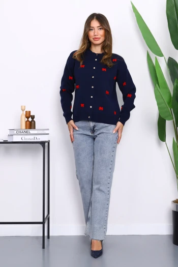 Lacivert Fiyonk Nakışlı Triko Hırka