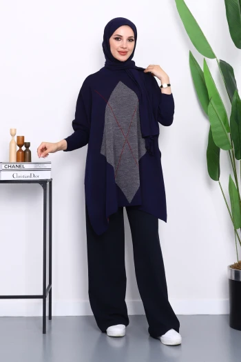 Lacivert Füme Bisiklet Yaka Yan Yırtmaçlı Panço