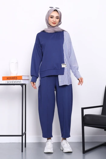 Lacivert Garnili Tunik Pantolonlu Çizgili Takım