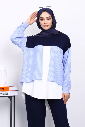 Lacivert Garnili Tunik Pantolonlu Modal Takım