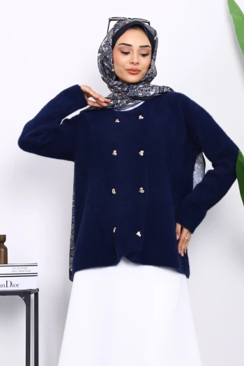 Lacivert Kalp Düğme Detaylı Angora Yumoş Triko Hırka