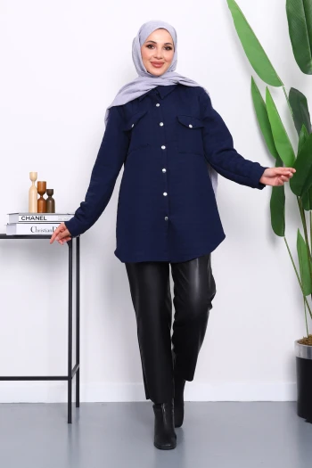 Lacivert Kapitone Çıtçıtlı Cepli Ceket