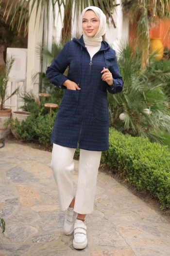 Lacivert Kapitone Fermuarlı Cepli Kap