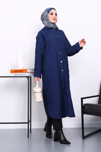 Lacivert Kapitone Kapşonlu Trençkot