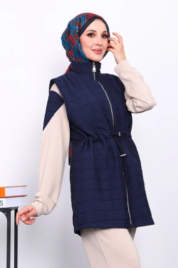 Lacivert Kapitone Yelek Tunik Pantolonlu Üçlü Takım