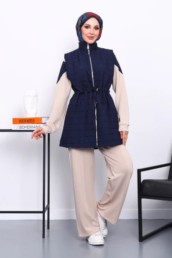 Lacivert Kapitone Yelek Tunik Pantolonlu Üçlü Takım