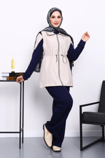 Lacivert Kapitone Yelekli Tunik Pantolonlu Takım