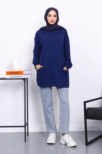 Lacivert Kapşonlu Çift Cepli Tunik