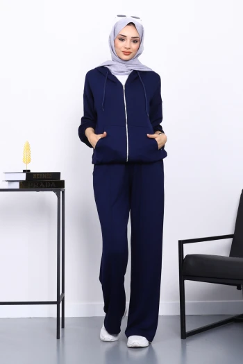 Lacivert Kapşonlu Fermuarlı Kanguru Cepli Modal Takım
