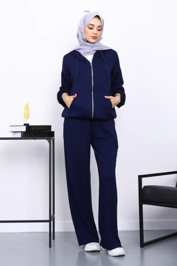 Lacivert Kapşonlu Fermuarlı Kanguru Cepli Modal Takım