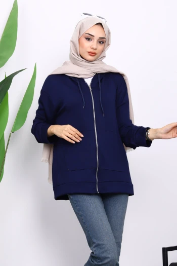 Lacivert Kapşonlu Fermuarlı Modal Sweat Hırka