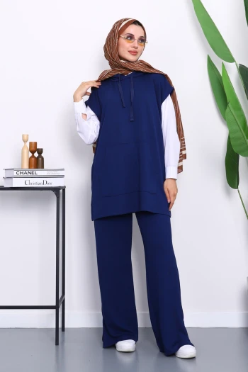 Lacivert Kapşonlu Süveter Pantolonlu Modal Takım