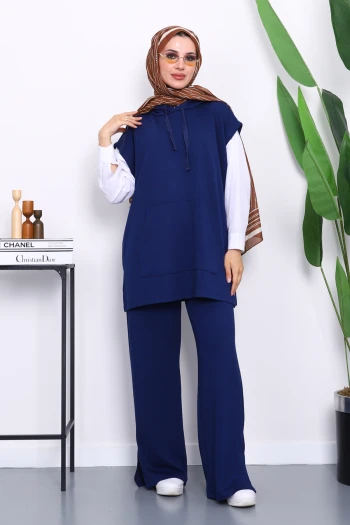 Lacivert Kapşonlu Süveter Pantolonlu Modal Takım