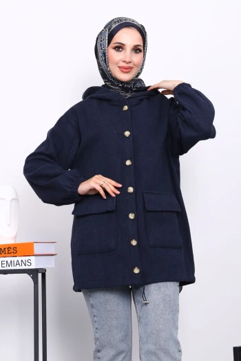 Lacivert Kapüşonlu  Düğmeli İnce Kaşe Ceket