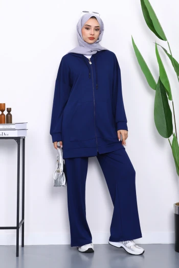 Lacivert Kapüşonlu Modal Tunik Pantolonlu Takım