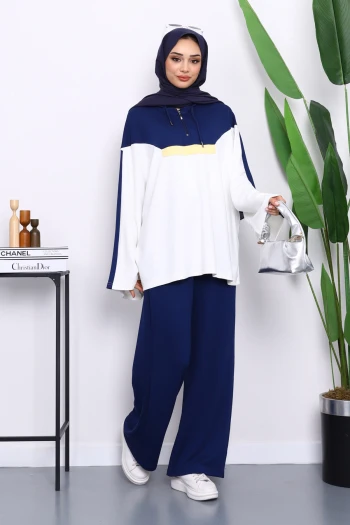 Lacivert Kapüşonlu Tunik Pantolonlu Modal Takım