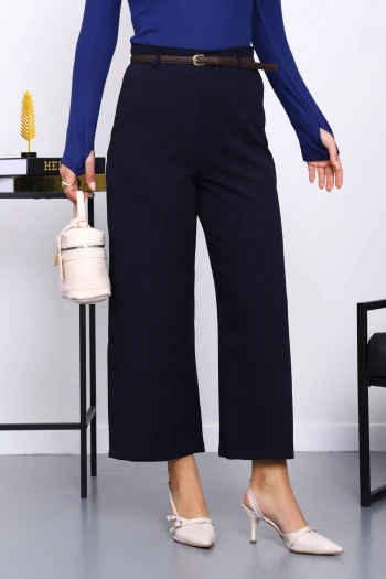 Lacivert Kemerli Yan Fermuarlı Pantolon