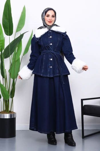 Lacivert Kol Yaka Kürklü Kot Ceket Etek Takım