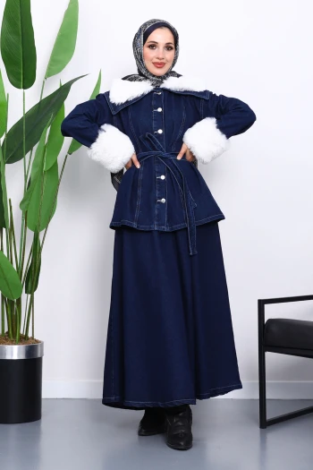 Lacivert Kol Yaka Kürklü Kot Ceket Etek Takım