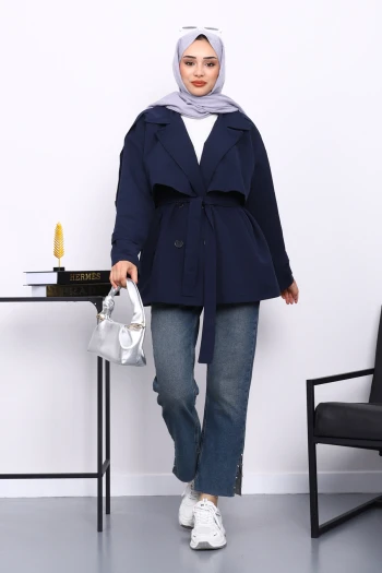 Lacivert Kravuze Yaka Düğmeli Kısa Trençkot