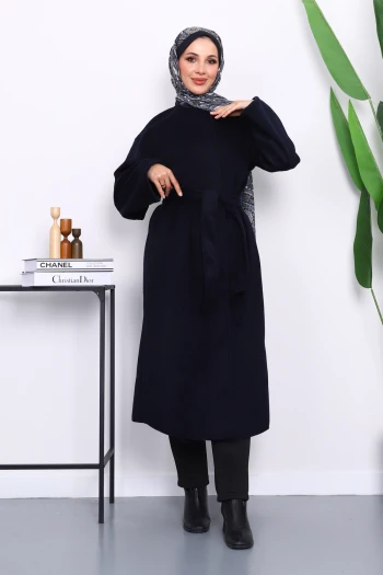 Lacivert Kuşaklı Kaşe Kaban