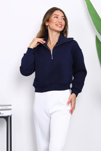 Lacivert Önü Fermuarlı Üç İplik Crop Sweat
