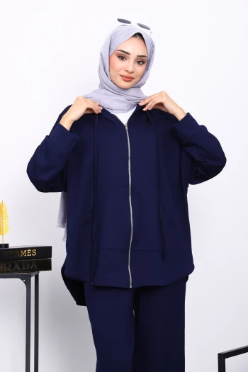 Lacivert Önü Kısa Arkası Uzun Tunik Pantolonlu Takım