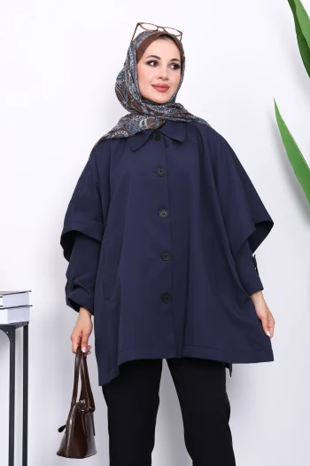 Lacivert Oversize Düğmeli Panço Trenç