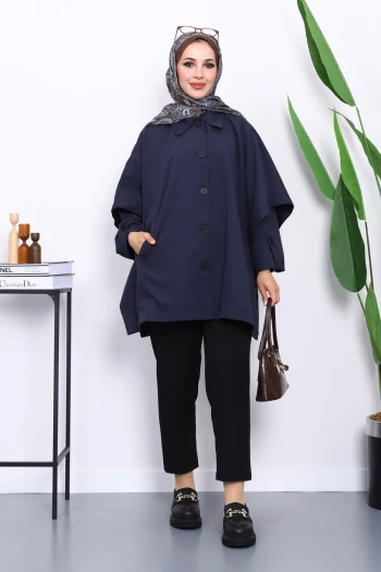 Lacivert Oversize Düğmeli Panço Trenç