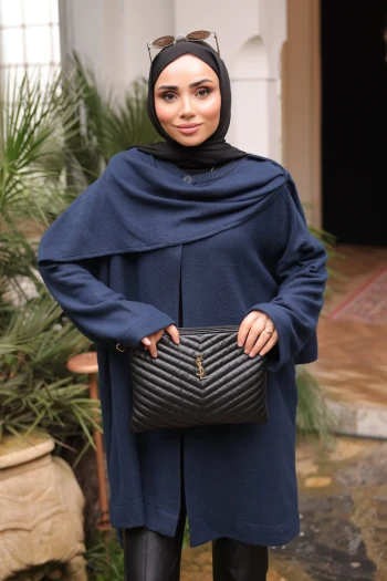 Lacivert Şal Detaylı Dokulu Hırka