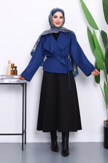 Lacivert Şal Yaka Scuba Puf Kısa Ceket