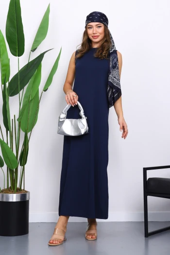 Lacivert Sıfır Kol Penye Tesettür İçlik Elbise