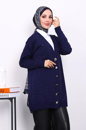 Lacivert Soğuk İplik Taşlı Triko Hırka