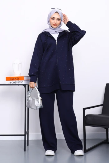 Lacivert Taşlı Scuba Tunik Pantolonlu Takım