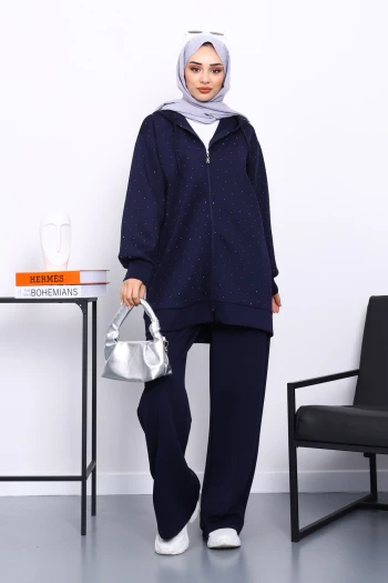Lacivert Taşlı Scuba Tunik Pantolonlu Takım