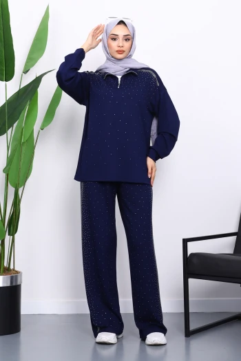 Lacivert Taşlı Yaka Fermuarlı Tunik Pantolonlu Takım