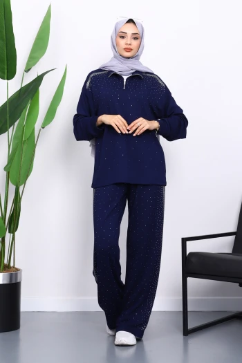 Lacivert Taşlı Yaka Fermuarlı Tunik Pantolonlu Takım