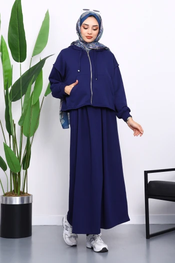 Lacivert Üç İplik Sweat Hırka Elbise Kombin Takım