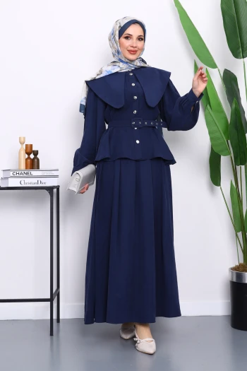 Lacivert Yaka Detaylı Gömlek Etekli Takım