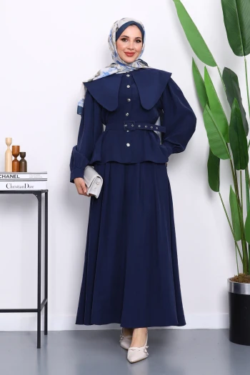 Lacivert Yaka Detaylı Gömlek Etekli Takım