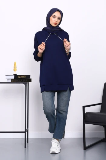Lacivert Yaka Detaylı Modal Tunik