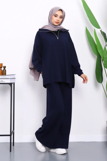 Lacivert Yaka Fermuarlı Tunik Pantolonlu Fitilli Takım
