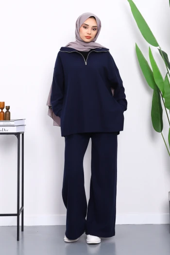 Lacivert Yaka Fermuarlı Tunik Pantolonlu Fitilli Takım