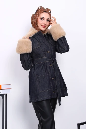 Lacivert Yaka Kol Peluş Kot Ceket