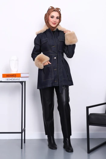 Lacivert Yaka Kol Peluş Kot Ceket