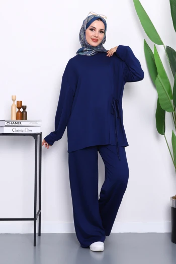 Lacivert Yan Bağlamalı Tunik Pantolonlu Modal Takım